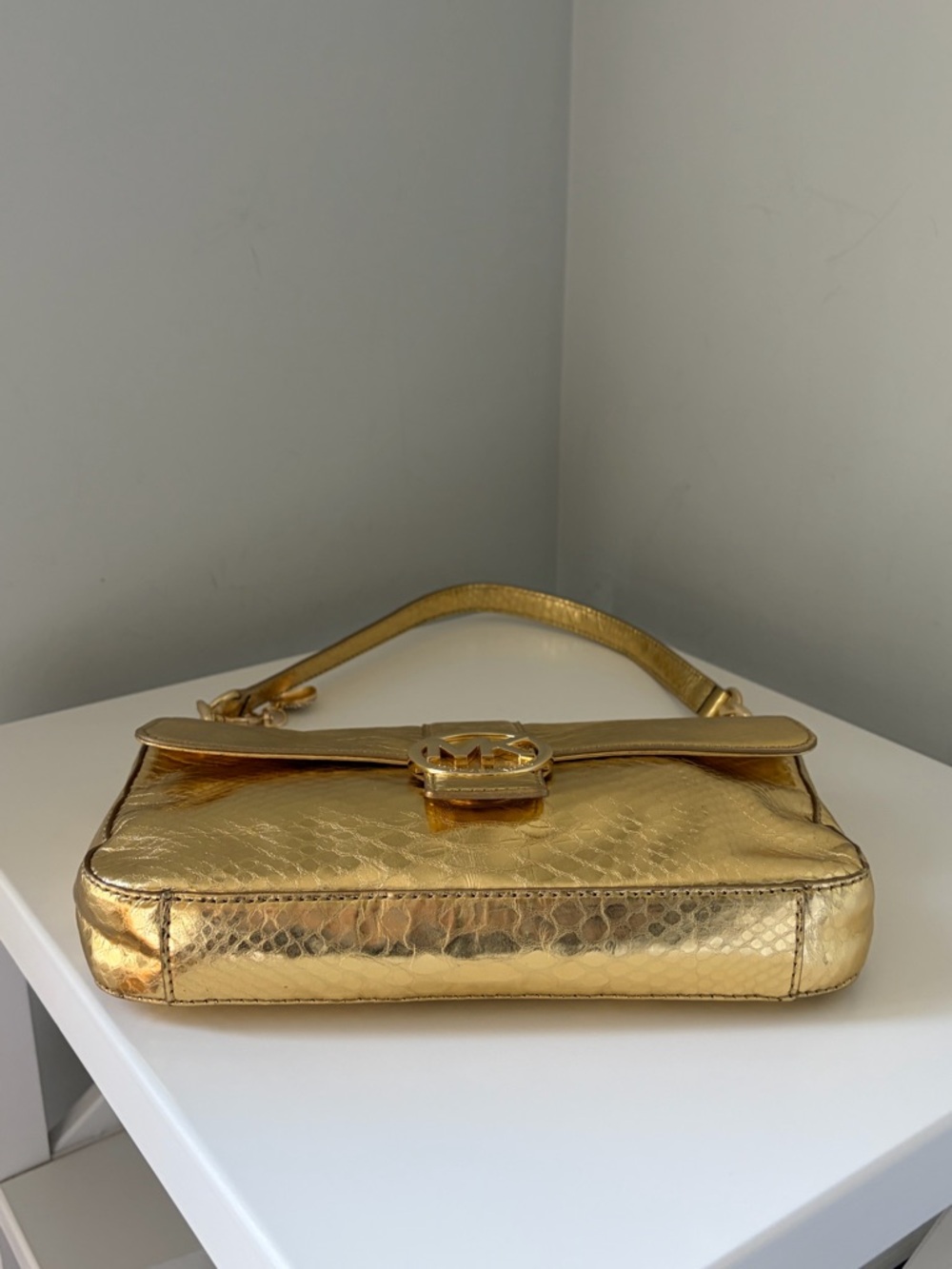 Michael Kors Metallic Gold Snake-Embossed Shoulder Bag with Charm - Picture 5 of 12